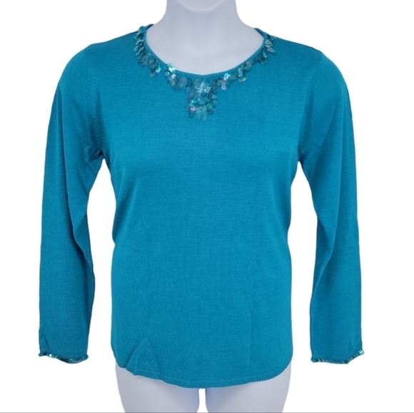 Diane Gilman Womens Blue/ Turquoise 100% Silk Sweater w/ Sequins - Picture 1 of 13
